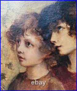 Italian Pre-Raphaelite Portrait of Girls 19thC Signed Large Antique Oil Painting