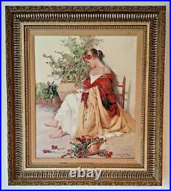 J. Soper, American, USA Portrait of a Girl Flower Lady Large Antique Oil Painting