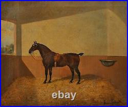James Clark (1855-1943) Large Portrait Horse In Stable Antique Oil Painting