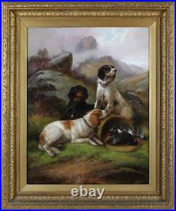 John Morris Large Fine Antique Old Master Oil Painting Pair Hunting Sport Dogs