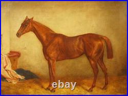 LARGE 19th CENTURY CHESTNUT RACE HORSE IN STABLE PORTRAIT Antique Oil Painting