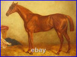 LARGE 19th CENTURY CHESTNUT RACE HORSE IN STABLE PORTRAIT Antique Oil Painting