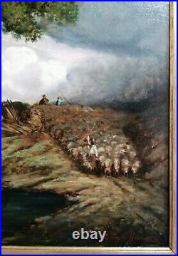 LARGE 19th CENTURY FRENCH BARBIZON OIL SHEEP DROVERS LANDSCAPE ANTIQUE PAINTING