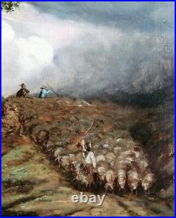 LARGE 19th CENTURY FRENCH BARBIZON OIL SHEEP DROVERS LANDSCAPE ANTIQUE PAINTING
