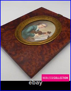LARGE 4.72 in. ANTIQUE EARLY 1900s FRENCH MINIATURE HAND PAINTED PORTRAIT SIGNED
