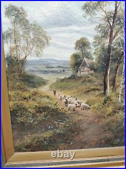 LARGE Antique British landscape oil painting framed and signed. Gold frame