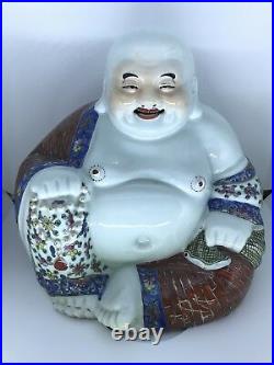 LARGE Antique Chinese Porcelain Laughing Buddha Familie Rose Handpainted