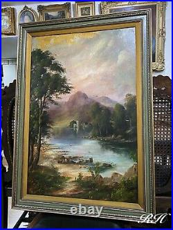 LARGE Antique Oil Painting Landscape English School Castle Lake Signed