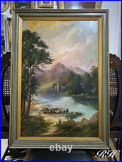 LARGE Antique Oil Painting Landscape English School Castle Lake Signed
