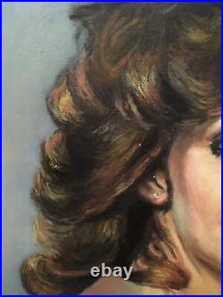 LARGE VINTAGE RETRO KITSCH 70s LADY PORTRAIT PAINTING OIL ON CANVAS SIGNED