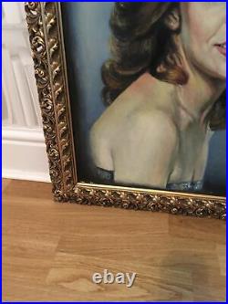 LARGE VINTAGE RETRO KITSCH 70s LADY PORTRAIT PAINTING OIL ON CANVAS SIGNED