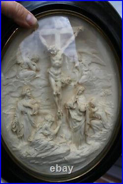 LARGE antique napoleon III meerschaum carved Crucifix scene archangels signed