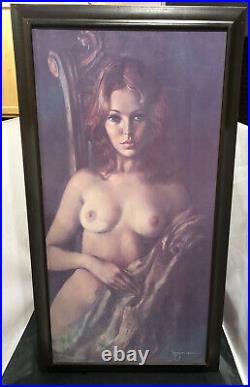 LEO JANSEN Nude Woman Art Large Painting Print On Wood -Framed Signed 29.75 VTG