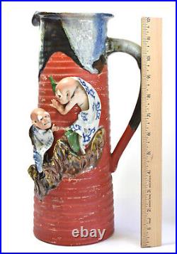 Large (12.5) Antique Japanese Sumida Gawa Pitcher Vase 2 Old Men Signed