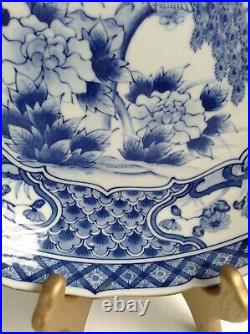 Large 14 Chinese Peacock Bird Blue & White Display Bowl Japanese Signed Marked