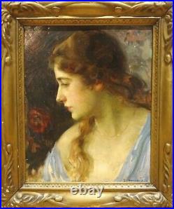 Large 1920 European School Portrait Of A Lady Signed Antique Oil Painting