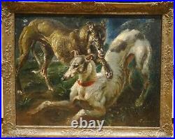 Large 1930 Austrian Portrait Two Greyhounds Playing Antique Dog Painting