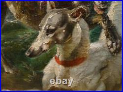 Large 1930 Austrian Portrait Two Greyhounds Playing Antique Dog Painting