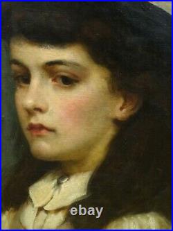Large 19th Century English Newlyn School Girl Portrait Antique Oil Painting