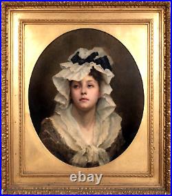 Large 19th Century English School Portrait Of A Girl Wearing A Bonnet signed GEM