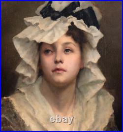 Large 19th Century English School Portrait Of A Girl Wearing A Bonnet signed GEM