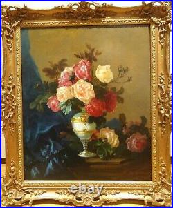 Large 19th Century French Flowers Roses In A Vase Charles MONTBLOND Antique Oil
