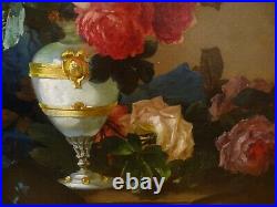 Large 19th Century French Flowers Roses In A Vase Charles MONTBLOND Antique Oil