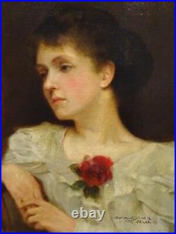 Large 19th Century Lady Portrait White Dress Rose by Frank Salisbury (1874-1962)
