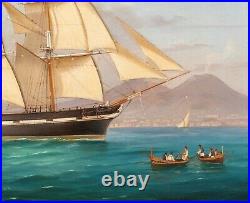 Large 19th Century Royal Navy HMS Endeavour Bay Of Naples Ship Tommaso DE SIMONE