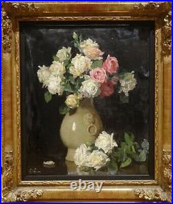 Large 19th Century Still Life Roses In A Vase Flowers Jules Alexandre GRUN