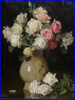 Large 19th Century Still Life Roses In A Vase Flowers Jules Alexandre GRUN