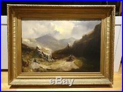 Large 19th Century Welsh Valley Landscape Horse & Cart Antique Oil Painting