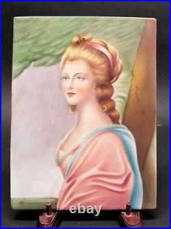 Large ANTIQUE ITALIAN Hand-Painted Porcelain Plaque of Young Maiden c. 1930