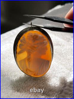 Large Antique 14K White Gold? Cameo Pendant or Brooch Carved Shell Signed FPS