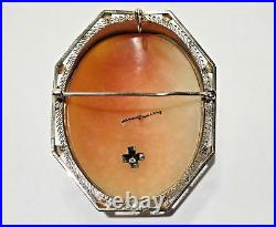 Large Antique 14k WG Signed MK Shell Cameo Diamond Necklace Brooch Pin Pendant
