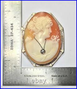 Large Antique 14k WG Signed MK Shell Cameo Diamond Necklace Brooch Pin Pendant