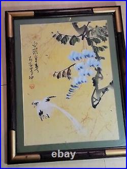 Large Antique ASIAN SILK BIRD PAINTING, FRAMED & SIGNED