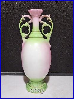 Large Antique Beehive Austria Mark Vase Signed Kaufman Pink Green Ornate Handles