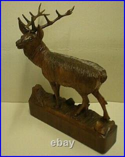 Large Antique Black Forest Stag Swiss Carving Signed