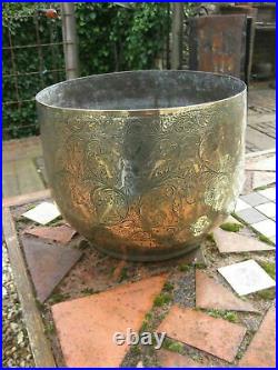 Large Antique Brass Planter Indian / Persian Engraved Figures / Birds Signed