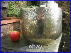 Large Antique Brass Planter Indian / Persian Engraved Figures / Birds Signed