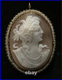 Large Antique CAMEO DEMETER Brooch/Pendant In 14K Gold, Seed Pearl Setting Rare