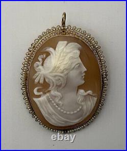 Large Antique CAMEO DEMETER Brooch/Pendant In 14K Gold, Seed Pearl Setting Rare