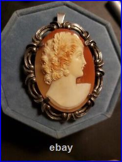 Large Antique Cameo Brooch Pendant 800 Silver Signed