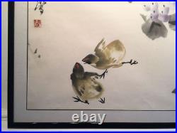 Large Antique Chinese Ink Wash Painting Signed. Grapevine & 2 Chicks MAGNIFICENT