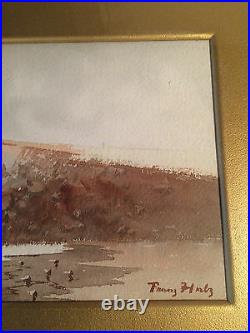 Large Antique Crashing Waves And Beach Scene Watercolor Signed And Framed