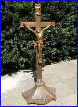 Large Antique Crucifix Standing Bronze/Brass Signed 18.70 RARE