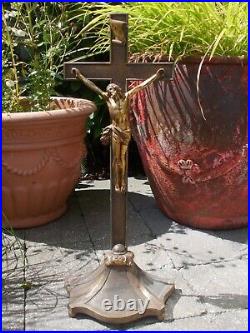 Large Antique Crucifix Standing Bronze/Brass Signed 18.70 RARE