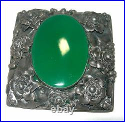 Large Antique Early Signed Hobe Green Agate Sterling Silver Flower Brooch Pin