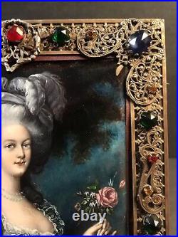 Large Antique Enamel Plaque/ Jeweled Bronze Frame/ Signed/ France 1860/ 8 1/2